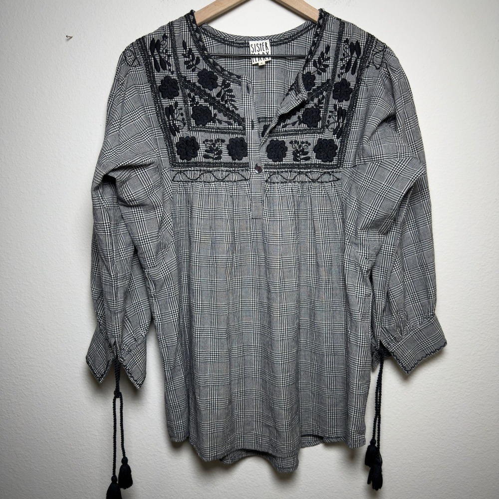 Sister Mary Women Tunic Top Small Plaid Embroidered Boho Chic Peasant Cottagecor